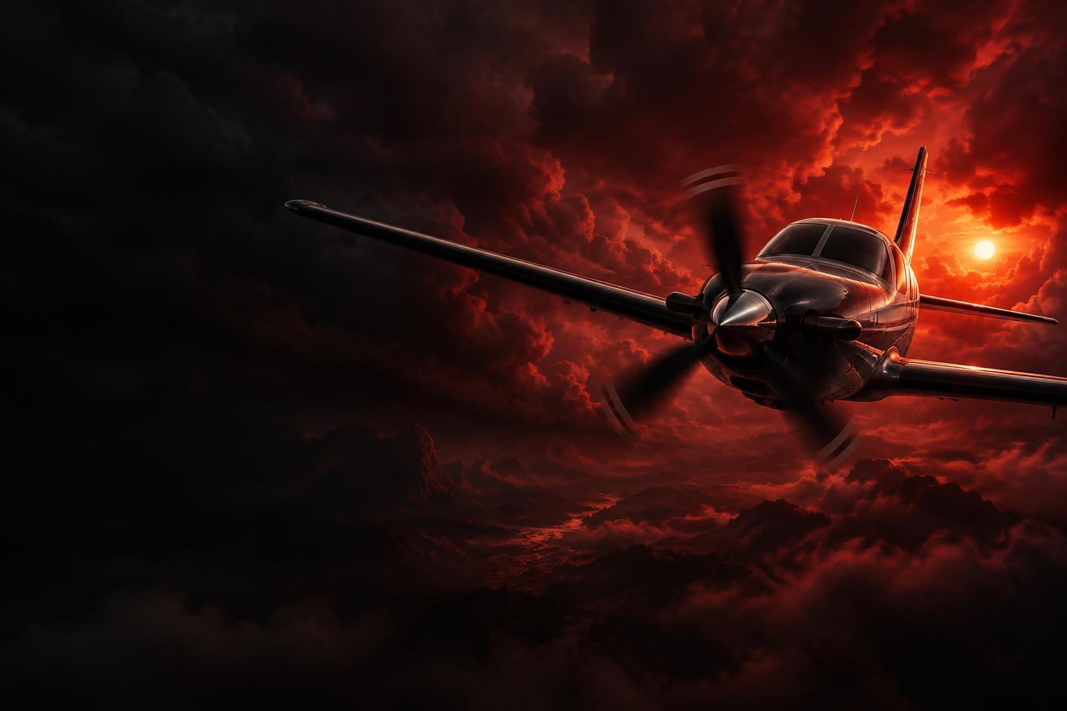 Aircraft flying through dramatic red clouds