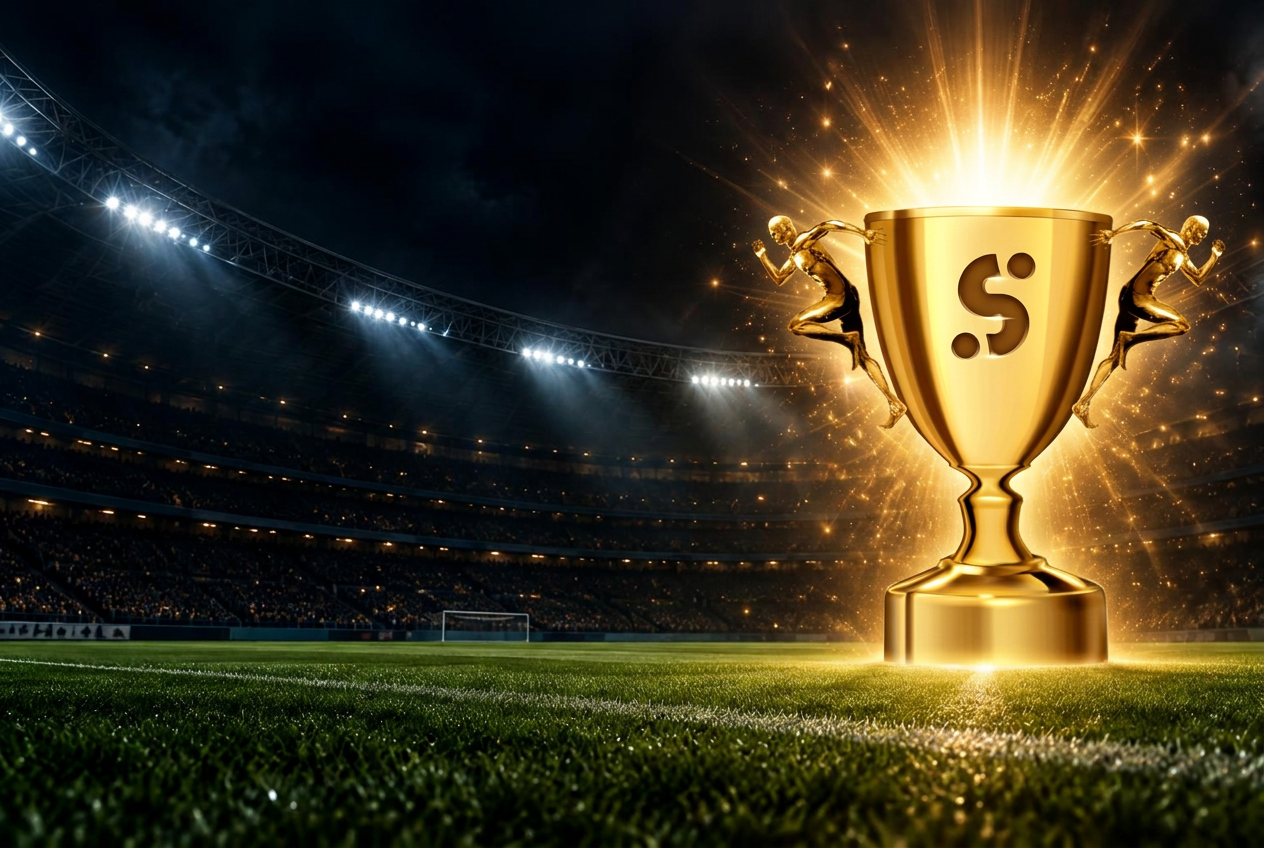 Glowing golden trophy in a floodlit stadium